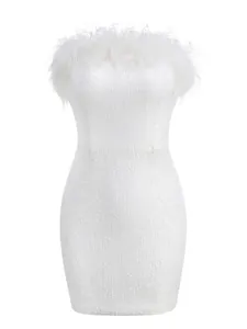 Elegant white strapless sequined mini dress with ostrich feather trim for parties.