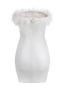 Elegant white sequined bodycon mini dress featuring luxury ostrich feather trim for parties.