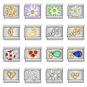 Eslabón de Dije Italiano de Acero Inoxidable para Hacer Joyas de Pulseras DIY Corazón Sol Flor Número Pavé Diamantes de Imitación Pulsera Modular Accesorios de Dije