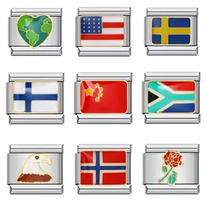 Acier Inoxydable Italien Modulaire Charm Link Drapeau Cœur Rose DIY Bracelet Accessoire Émail Bijoux Composable