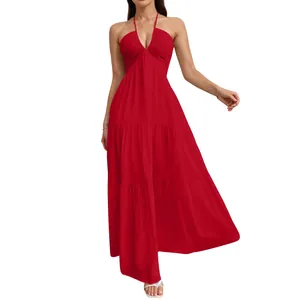 Elegant sleeveless red halter neck tiered maxi dress featuring a deep V-neckline