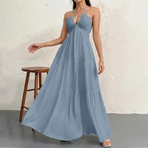 Elegant light blue halter neck tiered maxi dress for women with deep V-neckline