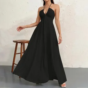 Elegant black halter neck tie-up maxi dress featuring a tiered ruffle skirt design.
