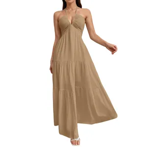 Elegant khaki halter neck tiered maxi dress for women featuring a deep V-neckline
