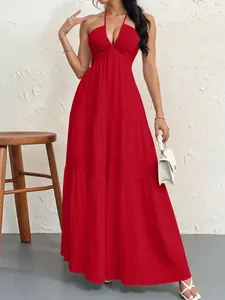 Elegant red halter neck tiered maxi dress for women fashionable summer beach outfit