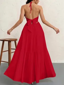 Red halter neck tie backless tiered maxi dress for women elegant summer evening style