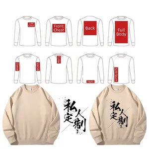 Detailed infographic showing custom printing locations on beige crewneck sweatshirts
