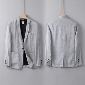 Front and back view of a light gray linen blend casual blazer for men