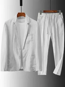 Abito casual da uomo in lino bianco con blazer traspirante e pantaloni con coulisse