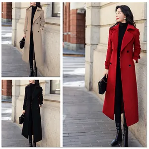 Elegant slim fit long woolen coat for women available in red, black and beige colors