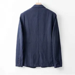Detailed back view of a navy blue cotton-linen blend casual blazer on a hanger
