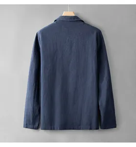 Detailed back view of a men's navy blue lightweight linen casual blazer jacket