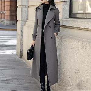 Detail showing full silhouette of a long slim grey wool coat in an urban street set.