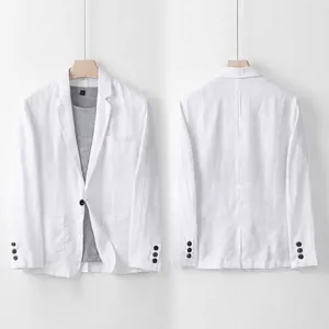 Front and back views of a men's white lightweight linen blend leisure suit jacket.