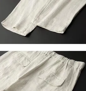 Vista dettagliata dei pantaloni di lino traspiranti con texture e vita elasticizzata
