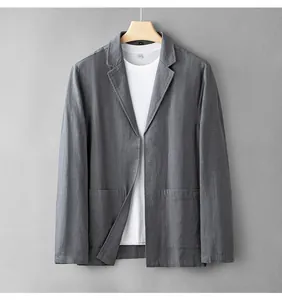 Casual grey linen blazer for men, thin summer jacket hanging on a wooden hanger