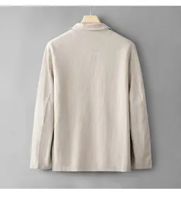 Close-up back view of a minimalist beige men's linen casual blazer on a hanger.