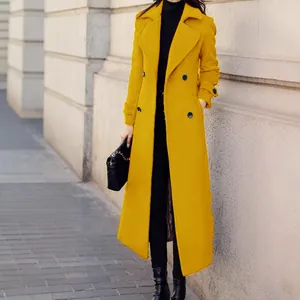 Elegant long yellow wool coat for women with a slim-fit double-breasted design and lapels.