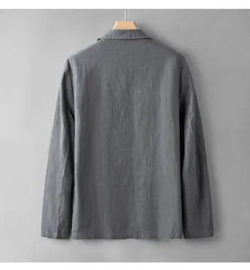Detailed back view of a minimalist grey linen blazer for men with thin breathable fabric