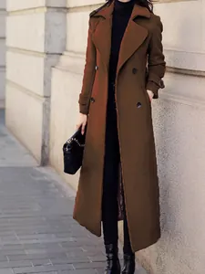 Elegant slim-fit long wool blend overcoat for women in a sophisticated brownish-olive shade