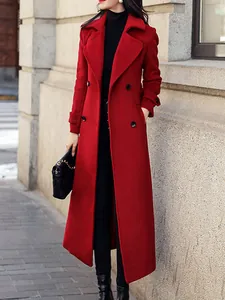 Elegant red slim-fit long wool coat for women with professional double-breasted design