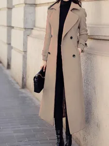 Elegant long camel wool coat for women with double-breasted buttons and slim fit style.