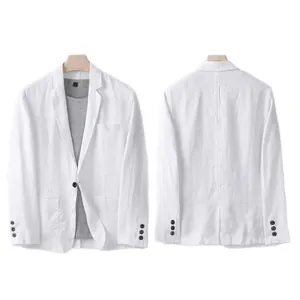 Men's breathable summer casual cotton linen blazer jacket in white, front and back view.
