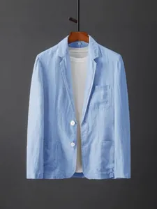 Blazer da uomo in lino azzurro traspirante, giacca da abito slim fit casual