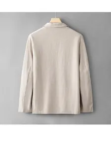 Minimalist men's thin linen blazer in beige, casual summer jacket, back view on hanger.