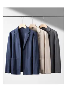 Men's summer lightweight casual linen blazers set in blue, beige, and grey hanging on rack.