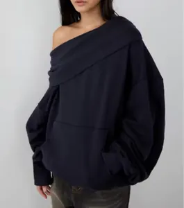 Streetwear oversized off-the-shoulder sweatshirt in dark navy with kangaroo pocket detail