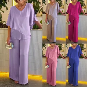 Conjunto de Dos Piezas para Mujer Con Cuello en V Dobladillo Irregular Color Sólido Manga de Murciélago Top y Pantalones de Pierna Ancha Atuendo Casual