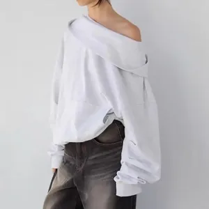Oversized off-the-shoulder sweatshirt in light gray with asymmetric neckline for women