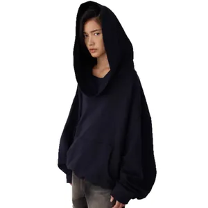 Oversized navy blue hooded sweatshirt featuring thick fleece lining and front pouch pocket