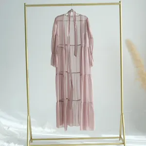 Élégant cardigan duster en mousseline rose transparente à plusieurs épaisseurs