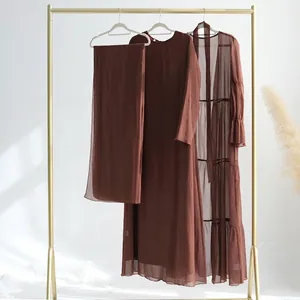 Ensemble Robe et Abaya Élégant en Mousseline Plissée pour Femme Style Turc Couleur Unie Manches Longues Robe Maxi Ensemble