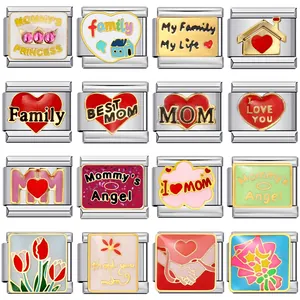 Detail view of 16 assorted Italian charm modules for DIY Mother's Day bracelets.