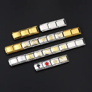 Detailed macro view of DIY Italian modular bracelets with gold letters and colorful charms