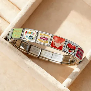 Detail view of Italian charm bracelet with 'Mommy's Angel' and family-themed enamel links