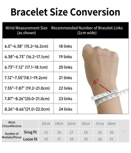 Guida conversione taglie bracciale con misure polso in pollici e cm per vestibilità.