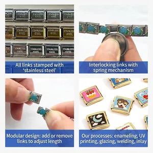 Vista dettagliata delle maglie del bracciale modulari in acciaio inox con vari motivi