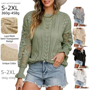 Elegante Suéter de Punto de Manga Larga con Patchwork de Encaje para Mujer Sexy Top de Punto Informal con Cuello Redondo para Otoño Invierno