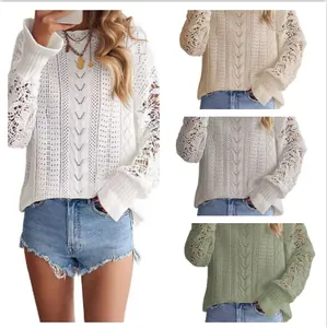 Jersey de punto de ganchillo para mujer con retales de encaje y manga larga sexy