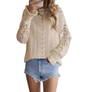 Suéter de punto beige con retales de encaje y manga larga de estilo bohemio chic