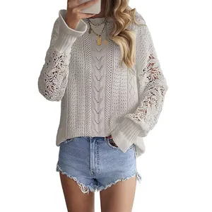 Elegante suéter de punto blanco con encaje para mujer, top acogedor de otoño e invierno