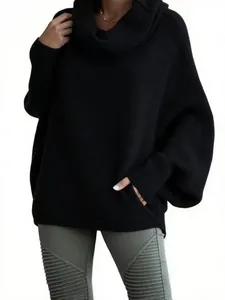 Detailed view of women's black high-neck knit sweater featuring loose lantern sleeves