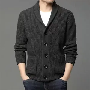 Premium men's thick charcoal grey shawl collar button knit cardigan sweater jacket