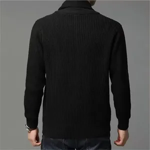 Detailed back view of a men's thick black ribbed knit cardigan featuring a shawl collar