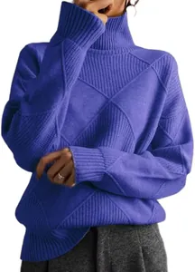 Detail view of purple high neck diamond pattern knit pullover sweater for women