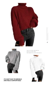 Detailansicht dicker Damen-Rollkragenpullover in den Farben Rot, Grau und Weiß